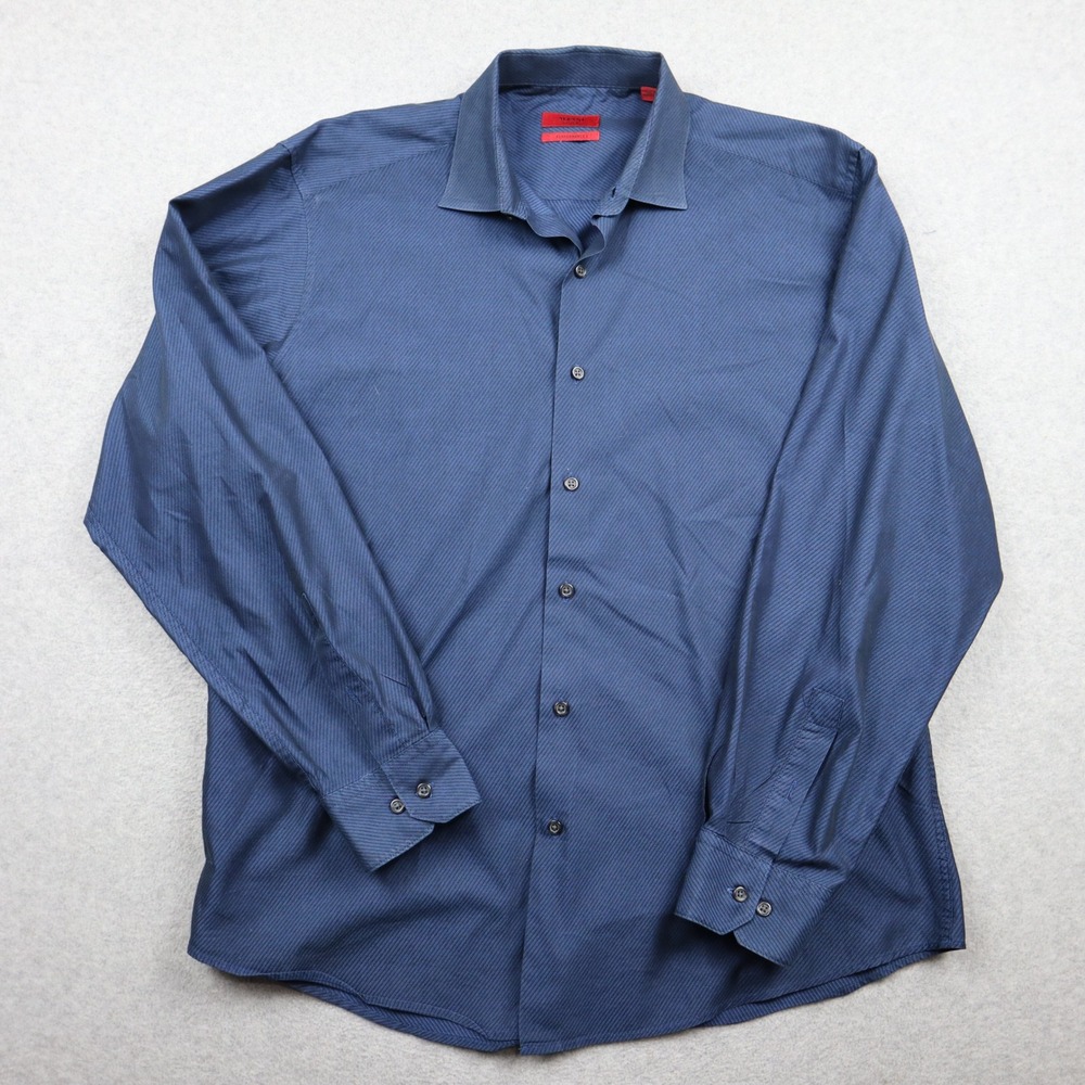 Alfani Dress Shirt Mens L Fitted Performance Navy Blue Long Sleeve Button Down